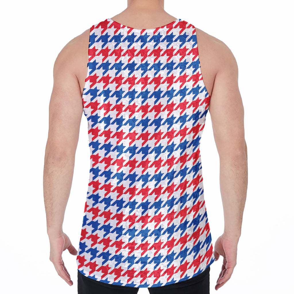 Red Blue And White Houndstooth Print Men's Velvet Tank Top