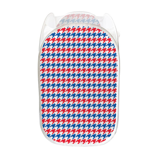 Red Blue And White Houndstooth Print Mesh Laundry Hamper