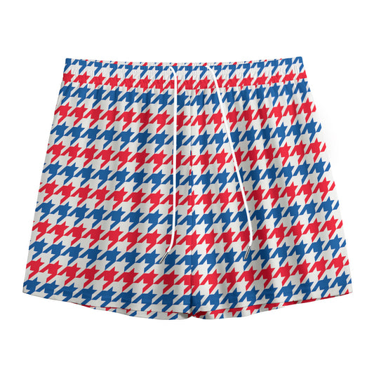 Red Blue And White Houndstooth Print Mesh Shorts