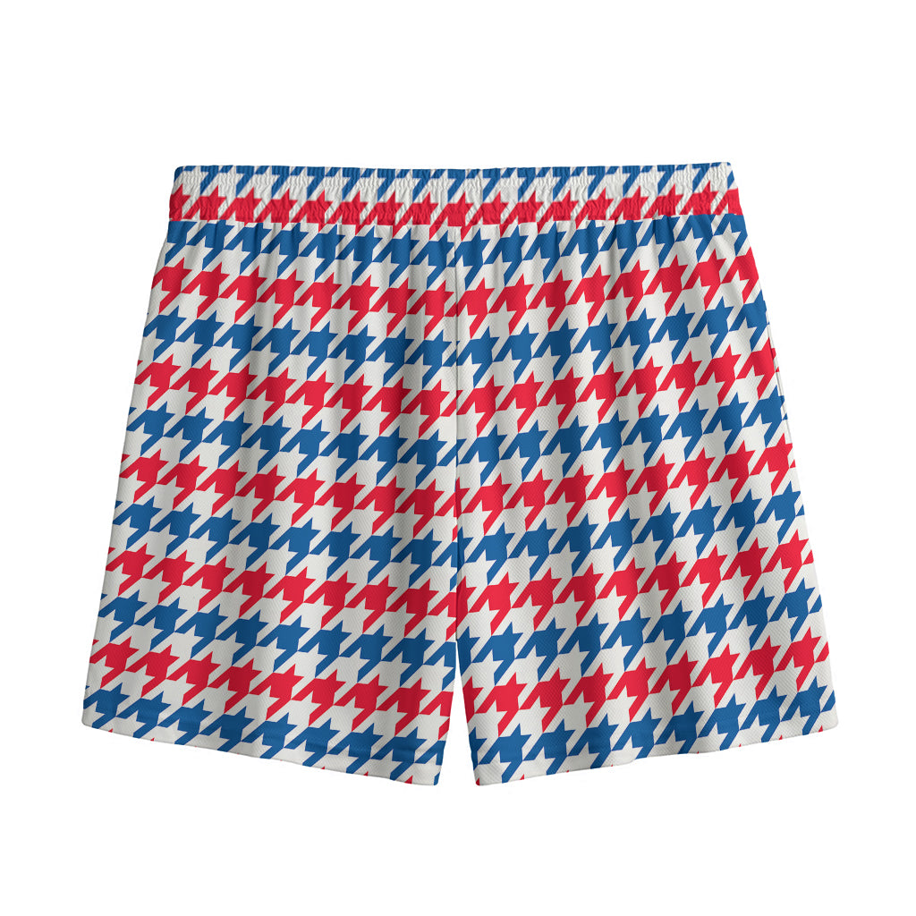 Red Blue And White Houndstooth Print Mesh Shorts