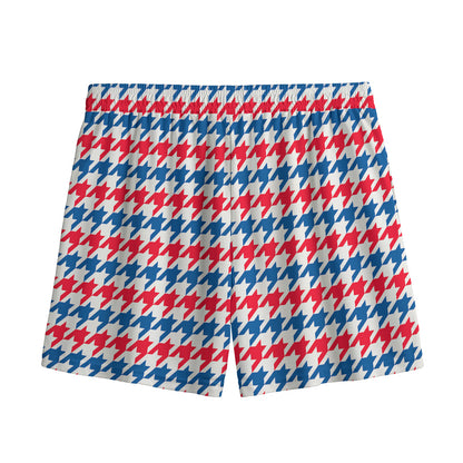 Red Blue And White Houndstooth Print Mesh Shorts