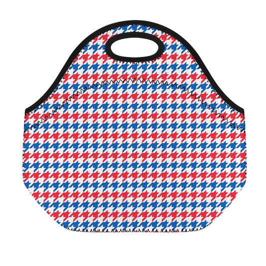 Red Blue And White Houndstooth Print Neoprene Lunch Bag