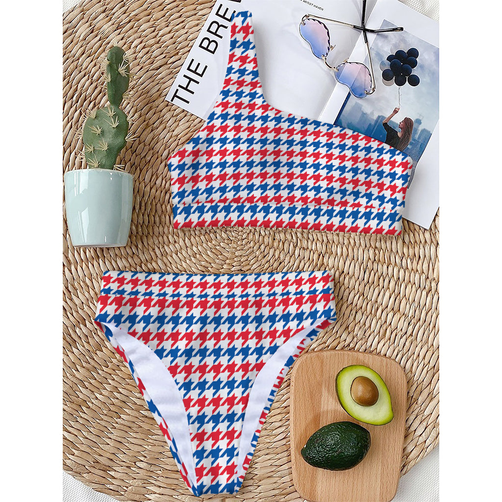 Red Blue And White Houndstooth Print One Shoulder Bikini Top