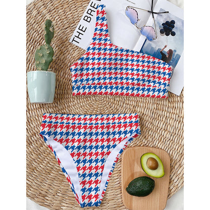 Red Blue And White Houndstooth Print One Shoulder Bikini Top