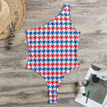 Red Blue And White Houndstooth Print One Shoulder Bodysuit