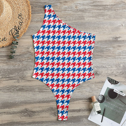 Red Blue And White Houndstooth Print One Shoulder Bodysuit