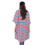 Red Blue And White Houndstooth Print Open Front Beach Cover Up