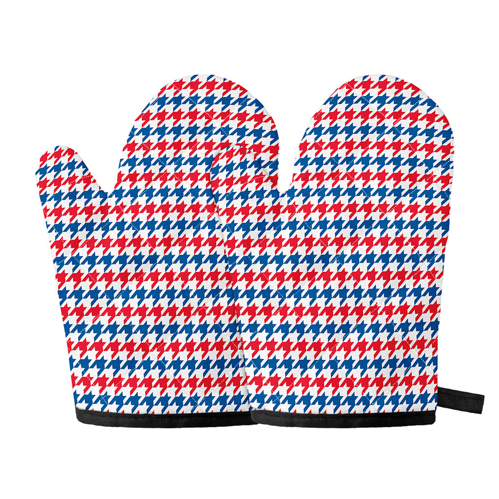 Red Blue And White Houndstooth Print Oven Mitts