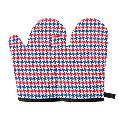 Red Blue And White Houndstooth Print Oven Mitts
