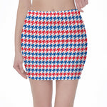 Red Blue And White Houndstooth Print Pencil Mini Skirt