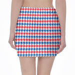 Red Blue And White Houndstooth Print Pencil Mini Skirt
