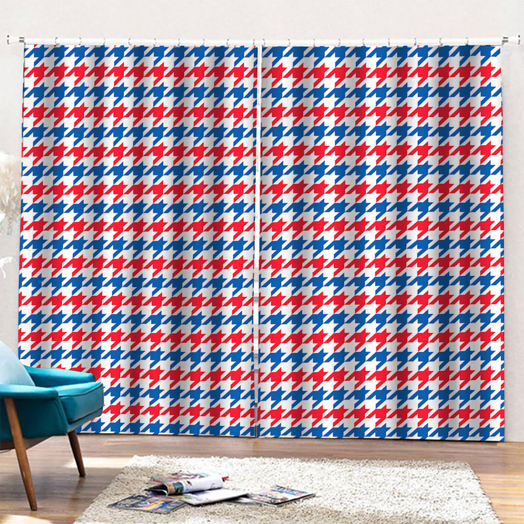 Red Blue And White Houndstooth Print Pencil Pleat Curtains