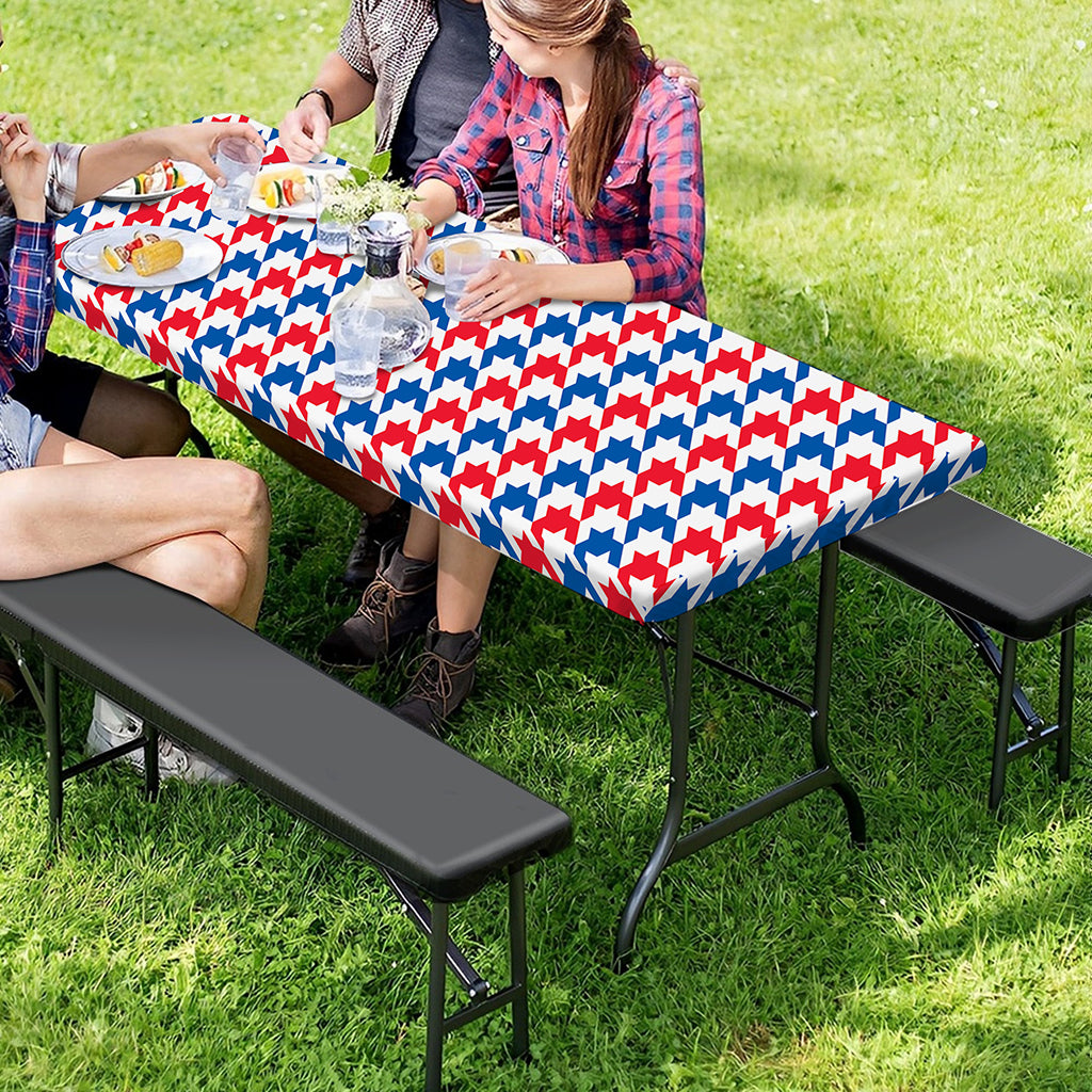 Red Blue And White Houndstooth Print Picnic Table Cover