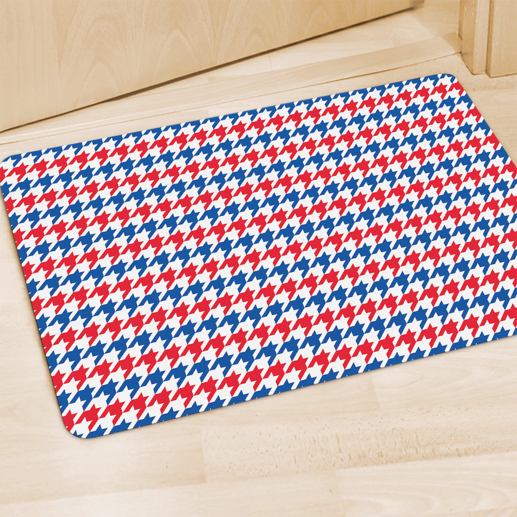 Red Blue And White Houndstooth Print Polyester Doormat