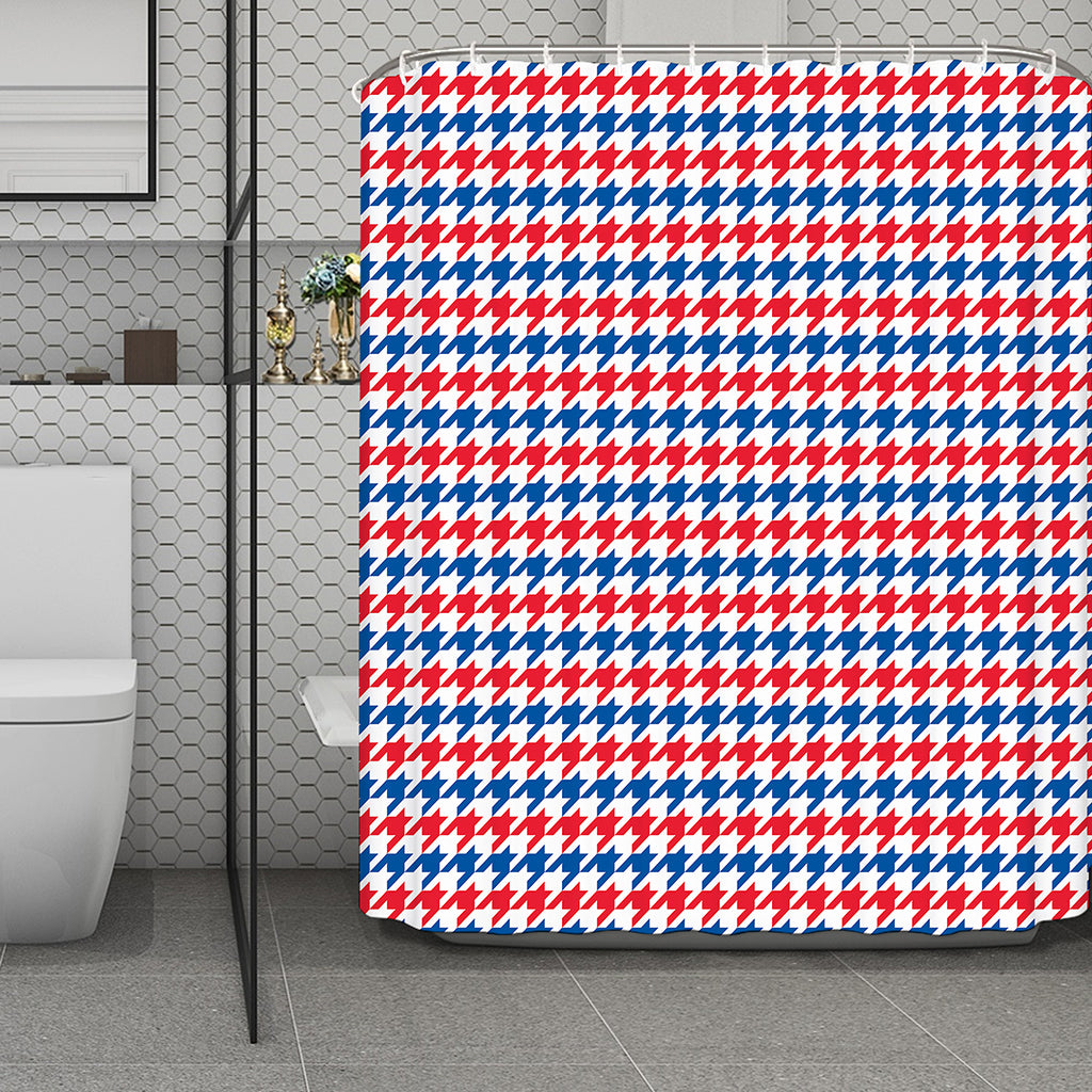 Red Blue And White Houndstooth Print Polyester Shower Curtain