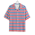 Red Blue And White Houndstooth Print Rayon Hawaiian Shirt