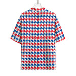 Red Blue And White Houndstooth Print Rayon Hawaiian Shirt