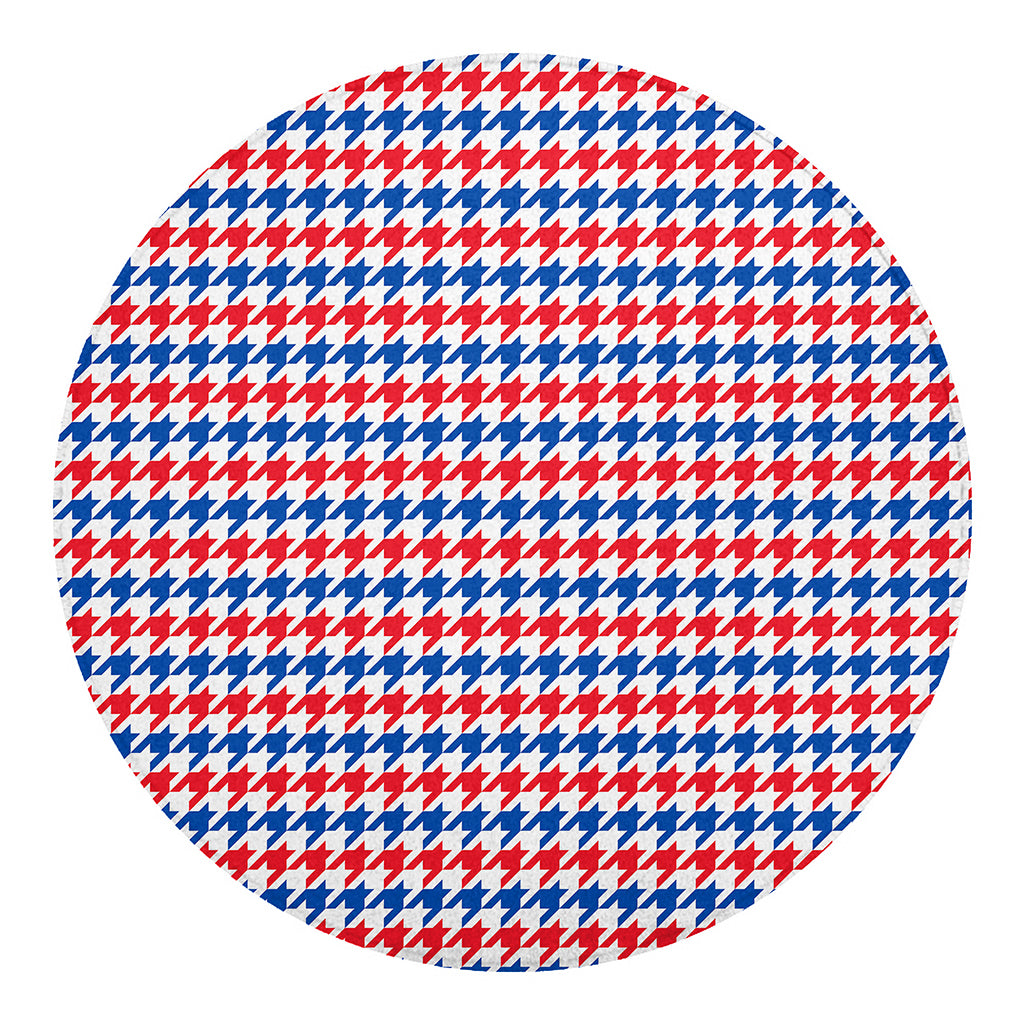 Red Blue And White Houndstooth Print Round Blanket
