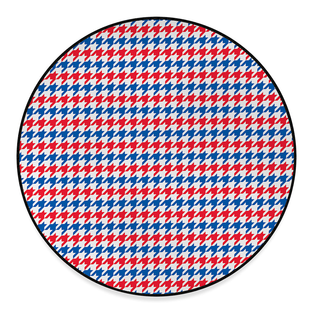 Red Blue And White Houndstooth Print Round Floor Mat