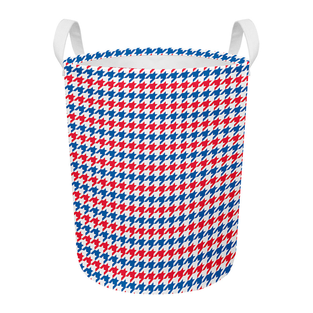 Red Blue And White Houndstooth Print Round Laundry Basket