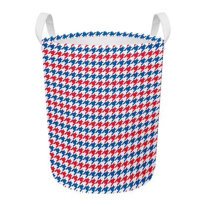 Red Blue And White Houndstooth Print Round Laundry Basket