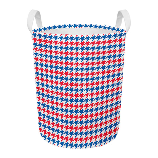 Red Blue And White Houndstooth Print Round Laundry Basket
