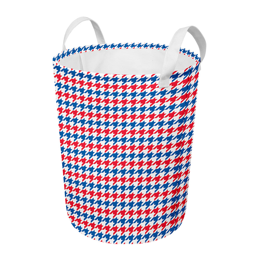 Red Blue And White Houndstooth Print Round Laundry Basket