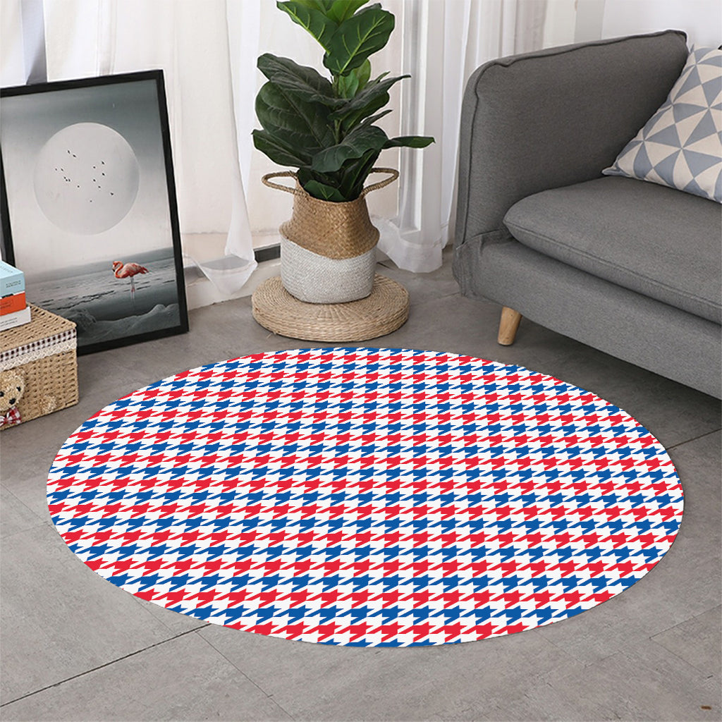 Red Blue And White Houndstooth Print Round Rug