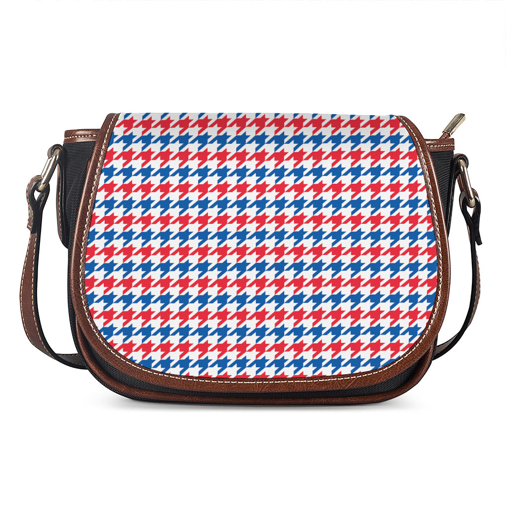 Red Blue And White Houndstooth Print Saddle Bag