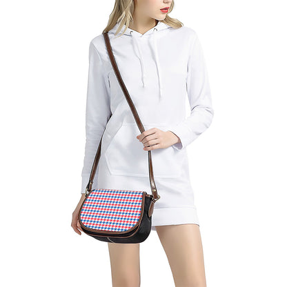 Red Blue And White Houndstooth Print Saddle Bag