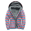 Red Blue And White Houndstooth Print Sherpa Lined Zip Up Hoodie