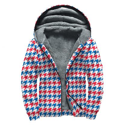 Red Blue And White Houndstooth Print Sherpa Lined Zip Up Hoodie