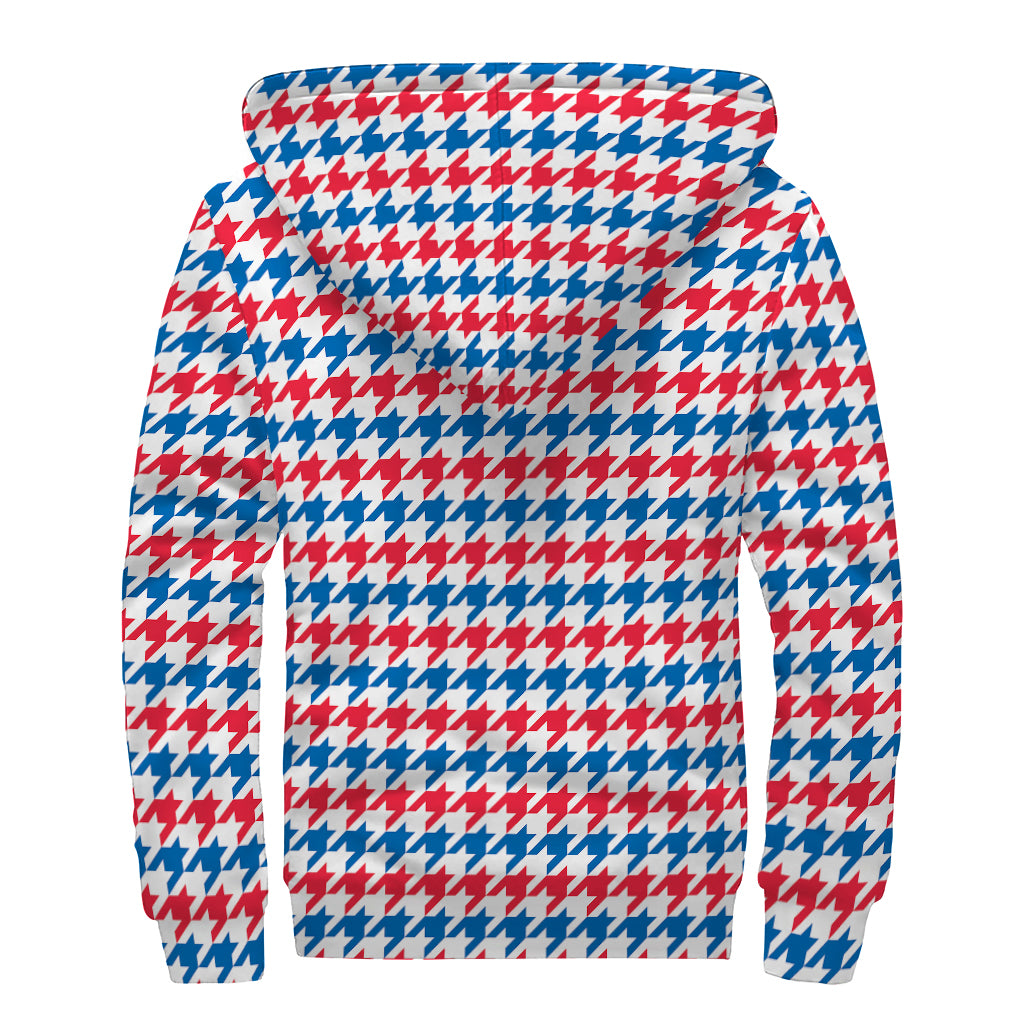 Red Blue And White Houndstooth Print Sherpa Lined Zip Up Hoodie