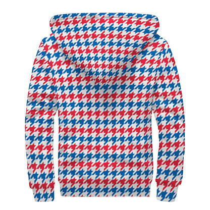 Red Blue And White Houndstooth Print Sherpa Lined Zip Up Hoodie