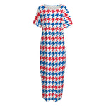 Red Blue And White Houndstooth Print Short Sleeve Long Nightdress