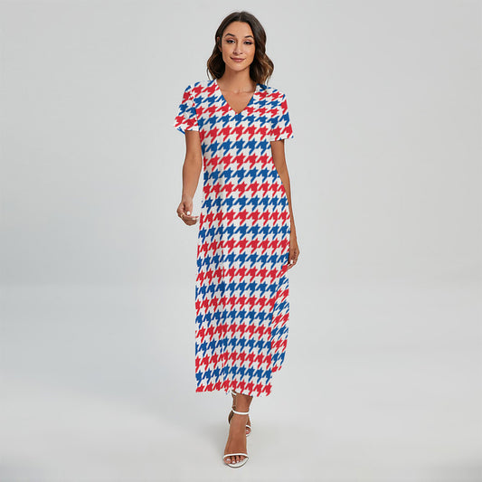 Red Blue And White Houndstooth Print Short Sleeve Maxi Dress