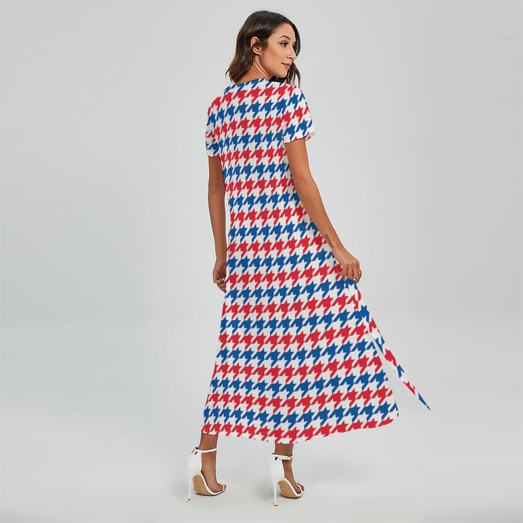 Red Blue And White Houndstooth Print Short Sleeve Maxi Dress