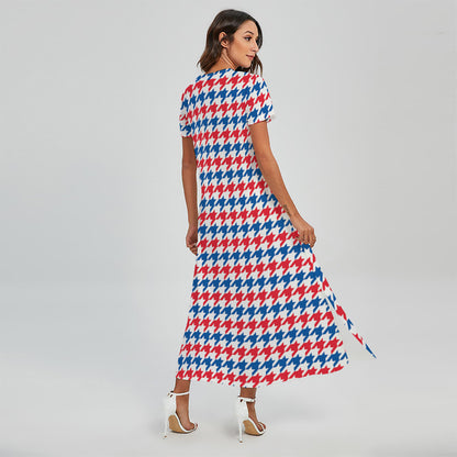 Red Blue And White Houndstooth Print Short Sleeve Maxi Dress