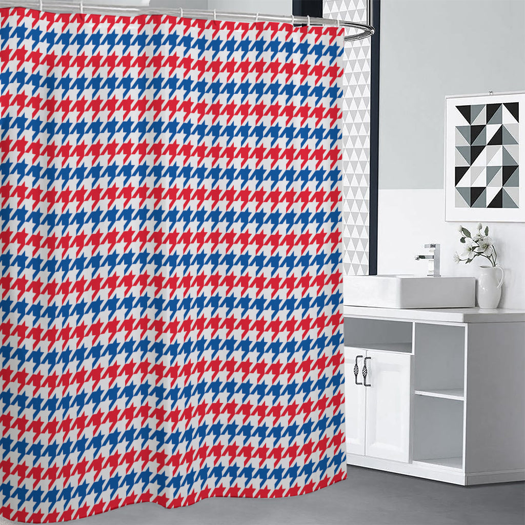 Red Blue And White Houndstooth Print Shower Curtain