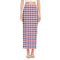 Red Blue And White Houndstooth Print Side Slit Maxi Skirt