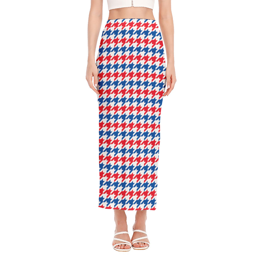 Red Blue And White Houndstooth Print Side Slit Maxi Skirt