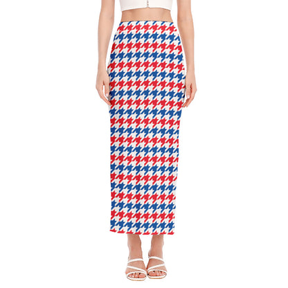 Red Blue And White Houndstooth Print Side Slit Maxi Skirt
