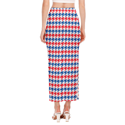 Red Blue And White Houndstooth Print Side Slit Maxi Skirt
