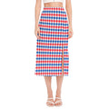 Red Blue And White Houndstooth Print Side Slit Midi Skirt