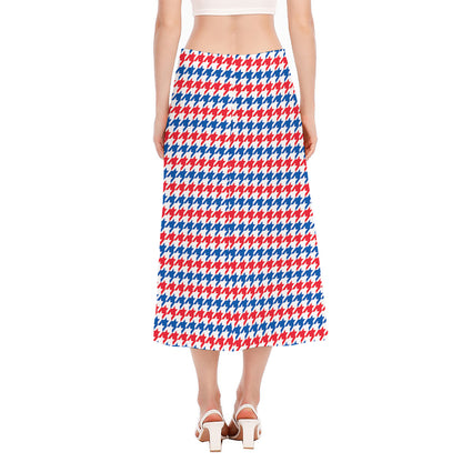 Red Blue And White Houndstooth Print Side Slit Midi Skirt