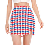 Red Blue And White Houndstooth Print Side Slit Mini Skirt