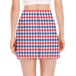 Red Blue And White Houndstooth Print Side Slit Mini Skirt
