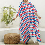 Red Blue And White Houndstooth Print Silk V-Neck Kaftan Dress