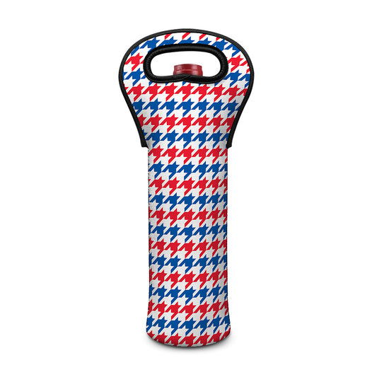 Red Blue And White Houndstooth Print Single Neoprene Wine Tote