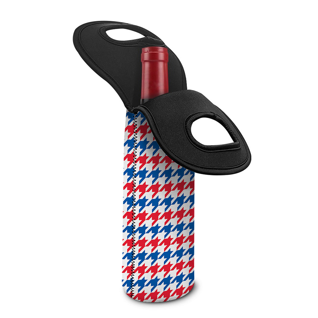 Red Blue And White Houndstooth Print Single Neoprene Wine Tote